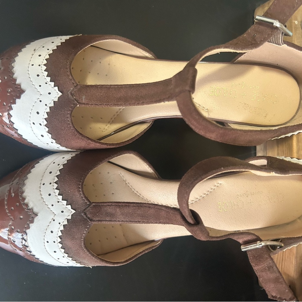 Brown and White Women's T-Strap Heels